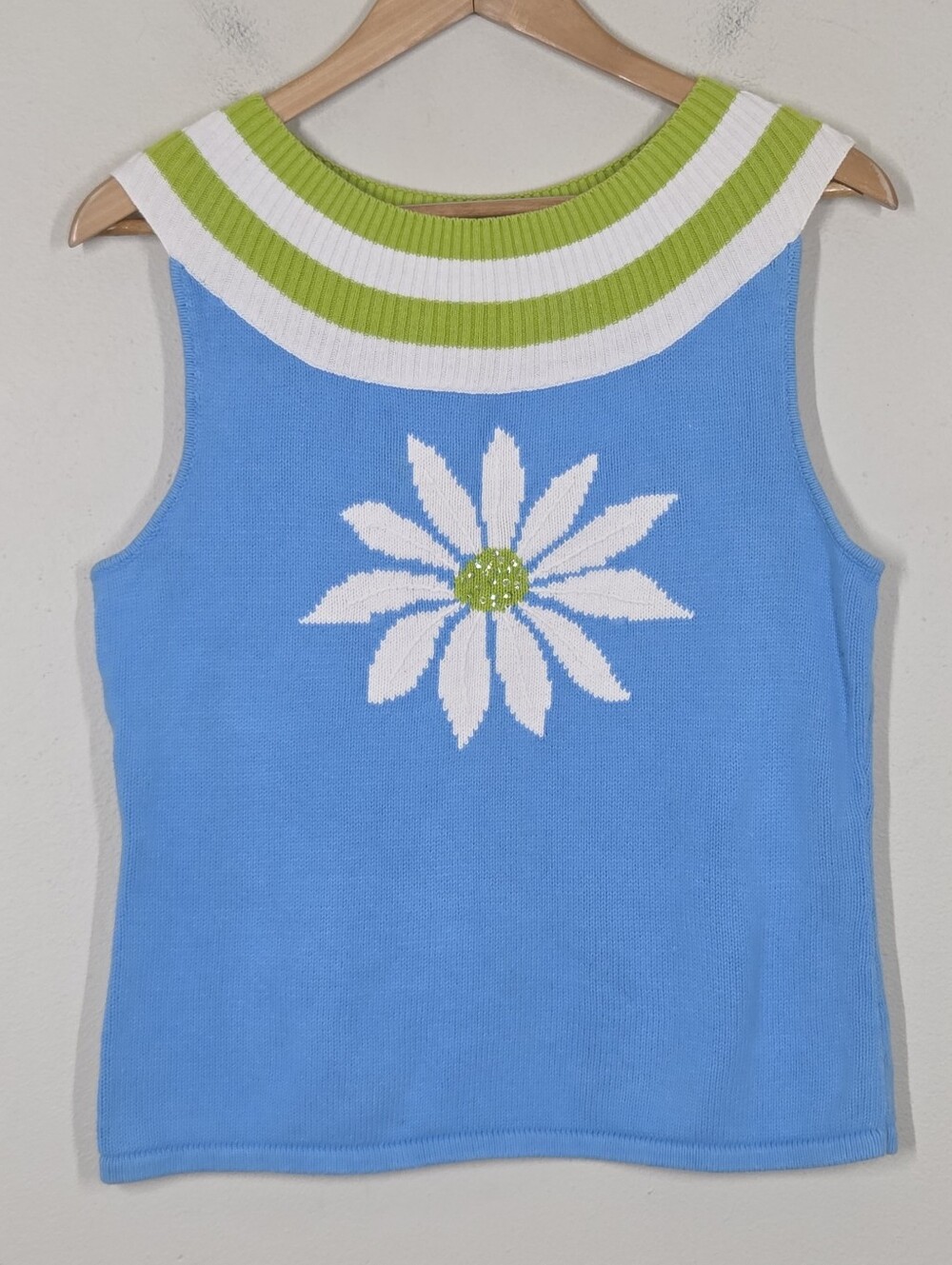 Vtg Y2K Blue Flower Knit Sweater Tank Sequin Beaded M Cottagecore Garden